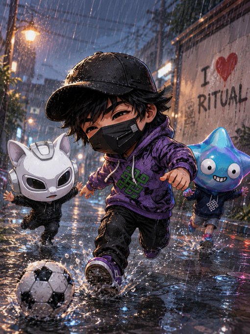A stylized digital illustration of a chibi-style child in a black cap and purple hoodie playing soccer in the rain, flanked by a white fox-like character and a blue star-shaped creature, with graffiti reading 'I ❤️ RITUAL' on a wall behind them.