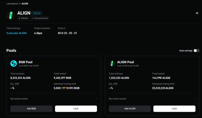 A cryptocurrency launchpool page for 'ALIGN' showing two pools: 'BGB Pool' with 8,333,333 ALIGN and 'ALIGN Pool' with 1,333,333 ALIGN, ending in 5 days.