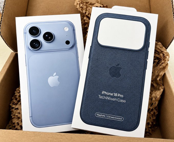 A blue iPhone and its packaging box are shown next to a 'TechWoven Case' labeled 'iPhone 18 Pro', suggesting a fake or unverified product name.