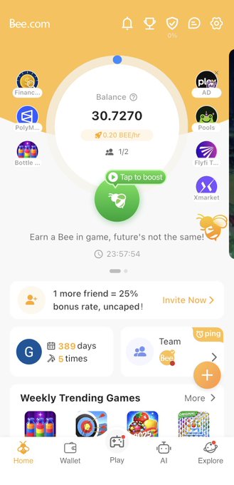 A screenshot of the Bee.com crypto app displays a balance of 30.7270 BEE at 0.20 BEE/hr with a countdown timer at 23:57:54, alongside a "389 days" achievement tracker—reflecting the long-term, passive earning experience the post references about an app that outlasted the phone it was first installed on.