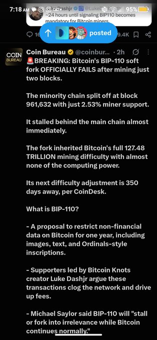 A screenshot of a Coin Bureau Twitter post breaking news that Bitcoin's BIP-110 soft fork officially failed after mining just two blocks, citing CoinDesk.