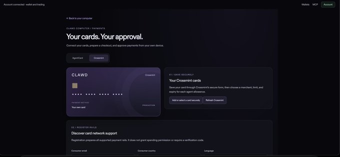 A screenshot of the Crossmint wallet interface showing a check-out page for "C.LAW.D Computer Cards" that prompts the user to save secure card information for future agent allowances.
