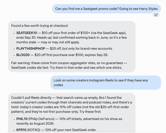 A screenshot of an AI chat where the assistant helps a user find SeatGeek promo codes—including SEATGEEK10 ($10 off $150+ orders), PLAYTHISHIPHOP, BLOG20, PHIL10 (Philip DeFranco), and KFR10 (KOT4Q)—all offering 10–20% off Harry Styles concert tickets.

The image supports the post's point about AI assistant choice: the user happened to ask a particular AI (a music app's AI butler, indicated by the note icon) for promo codes, illustrating how people gravitate toward whichever AI has default access to the app or task they need, rather than sticking with a single assistant across all use cases.