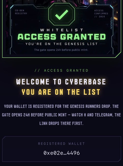 A digital 'Access Granted' notification from CB-GEN Registry welcoming a user to the Cyberbase whitelist, displaying their registered wallet address 0xe02e...4496.