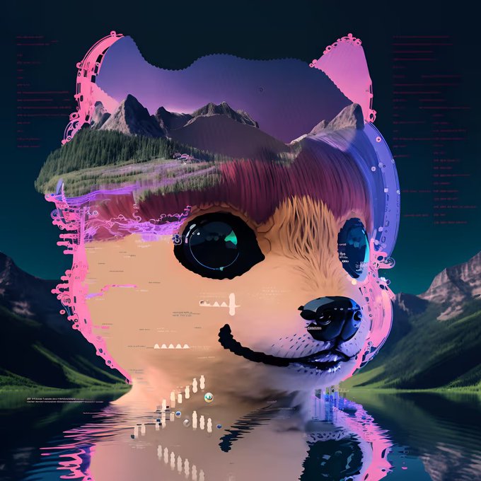 A surreal digital artwork featuring a cat-like creature with mountains and forests blended into its fur, surrounded by a pink digital glitch effect and reflected in water below.