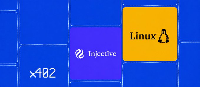 A graphic design with a blue checkered background featuring the Linux logo with its penguin mascot, alongside the Injective logo and the text 'x402'.