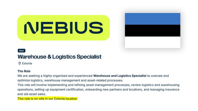 The image shows a website called "New nebius" with a blue, black, and white flag displayed at the top of the page. The text below the image reads "This role is site in Estonia". This suggests that the company is based in Estonia or has an interest in expanding its operations to Estonia.