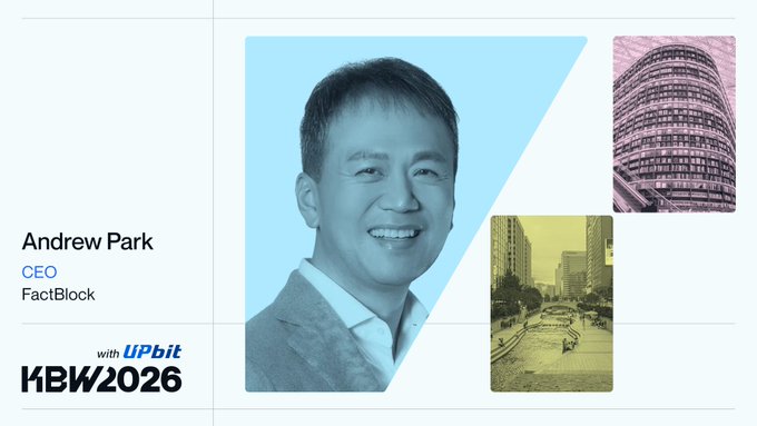 A profile slide for 'Andrew Park, CEO, FactBlock' at 'KBW2026 with Upbit' shows a smiling man's portrait alongside images of buildings.