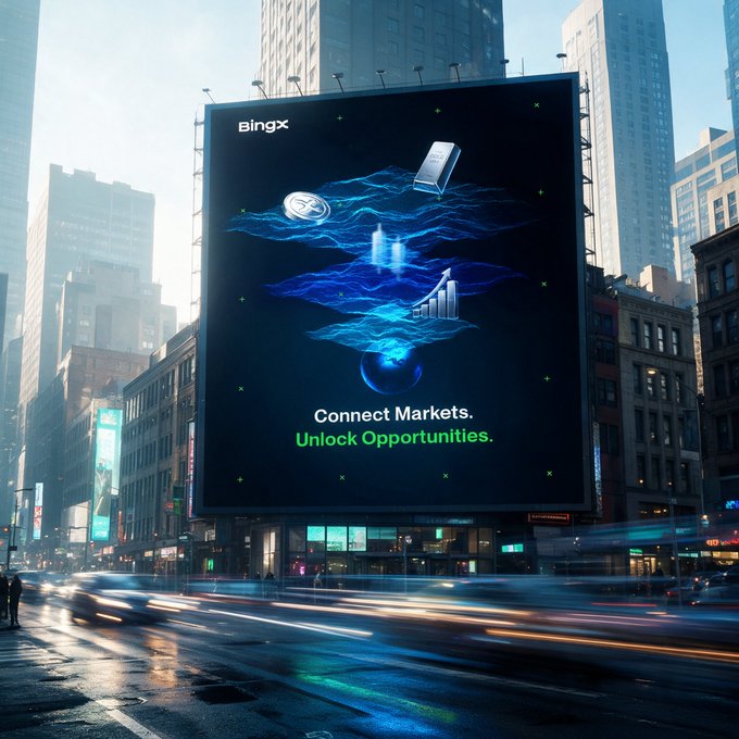 A large "BingX" billboard in a bustling cityscape displays the tagline "Connect Markets. Unlock Opportunities." alongside graphics of a coin, smartphone, and glowing charts, visually reinforcing the post's message of uniting crypto, commodities, and global finance on one platform.