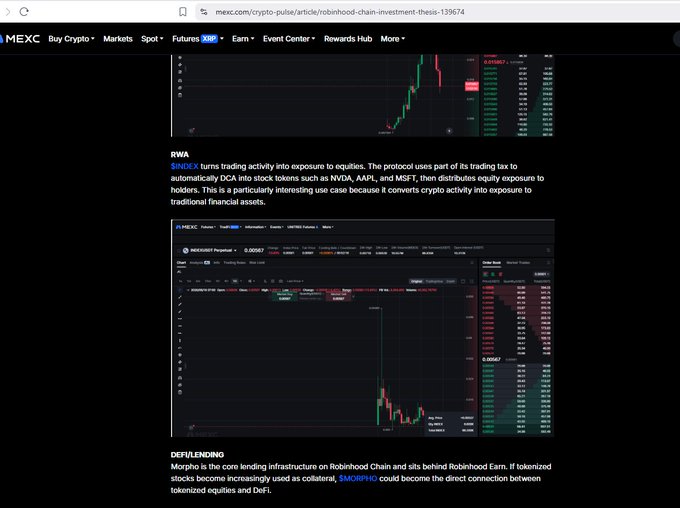 A screenshot of a MEXC crypto news article about 'Robihood Chain Investment Thesis' showing two candlestick trading charts for INDXUSDT and MORPHO Perpetual, with sections discussing RWA turning trading activity into equity exposure and Morpho as core lending infrastructure.