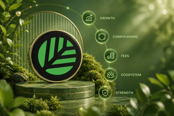 The image shows a green leaf-decorated circular emblem on a mossy pedestal in a lush forest setting, accompanied by vertical icons labeled "GROWTH," "COMPOUNDING," "FEES," "ECOSYSTEM," and "STRENGTH"—visually representing the post's message about how Canopy Network (CNPY) enables apps to grow through compounding value rather than competing for finite resources.