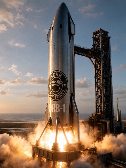 A SpaceX Starship rocket labeled 'SPACEX DRB TASK FORCE DRB-1' launches from its pad with bright orange flames billowing from its engines.