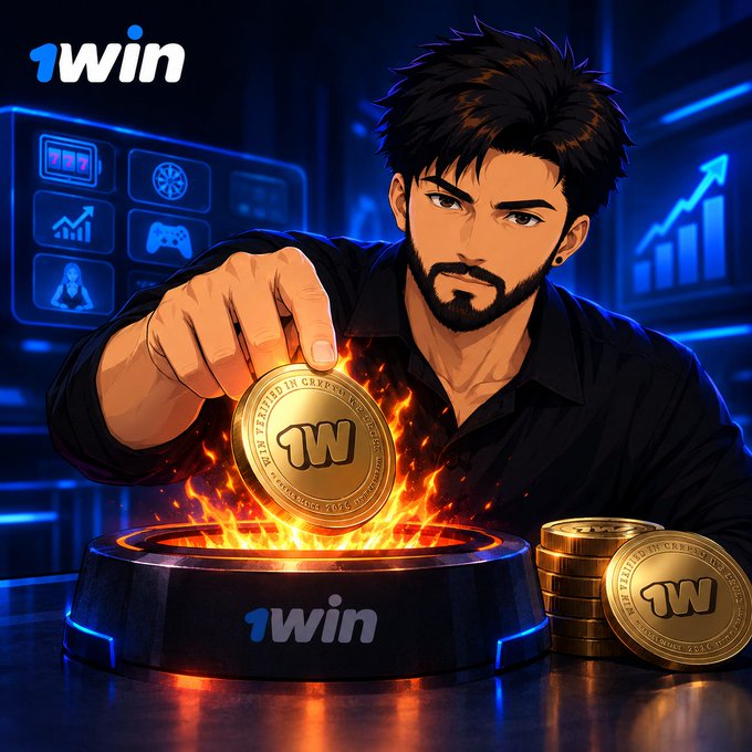 An anime-style promotional graphic for "1win" showing a dark-haired, bearded man holding a gold coin with "1W" over a flaming pedestal, with more coins stacked nearby and the "1win" logo in the corner.
