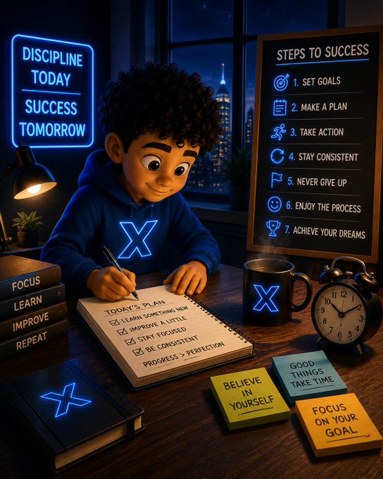 A young boy with curly hair writes "TODAY'S PLAN" in a notebook listing goals like "LEARN SOMETHING NEW," "IMPROVE A LITTLE," and "STAY FOCUSED," surrounded by motivational decor including neon signs reading "DISCIPLINE TODAY / SUCCESS TOMORROW" and a "STEPS TO SUCCESS" board outlining the 7 principles: Set Goals, Make a Plan, Take Action, Stay Consistent, Never Give Up, Enjoy the Process, and Achieve Your Dreams. The scene visually embodies the post's message that discipline comes from daily commitment and steady progress over perfection.