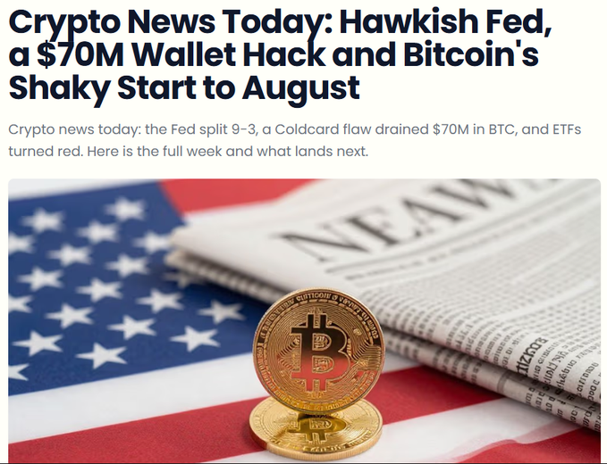 A news article headline reading 'Crypto News Today: Hawkish Fed, a $70M Wallet Hack and Bitcoin's Shaky Start to August' with a subtitle about the Fed splitting 9-3, a Coldcard flaw draining $70M in BTC, and red ETFs, accompanied by an image of a Bitcoin on an American flag with newspaper.