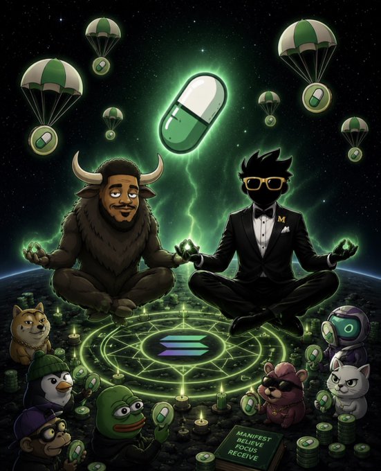 Two figures—one dressed as a bull and another resembling Manifold in a tuxedo—meditate beneath a glowing Solana logo as green pills descend by parachute, while various cartoon animals hold Solana pills around them. A small book at the bottom reads "MANIFEST RECEIVE FOCUS RECEIVE," reinforcing the meme's surreal crypto-spiritual theme.