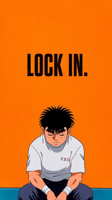 An anime-style graphic of a determined character sitting with the bold text "LOCK IN." above them against an orange background, with "K.B.G" visible on their shirt.