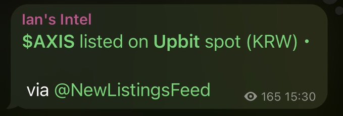 Screenshot of a post saying “Ian’s Intel” and “$AXIS listed on Upbit spot (KRW)” with 165 views at 15:30, credited to @NewListingsFeed. It corroborates the accompanying claim that AXIS has been listed on Upbit spot.