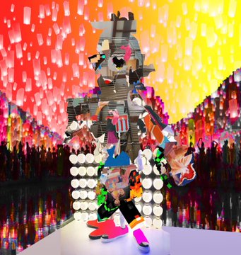A figure composed of fragmented, glitchy digital elements standing against a vibrant, colorful background with red, yellow, and blue pixelated patterns and silhouetted crowds.