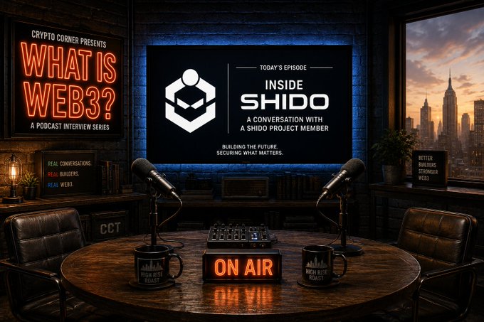 A moody podcast studio setup featuring neon signage reading "CRYPTO CORNER PRESENTS WHAT IS WEB3?" and a screen titled "INSIDE SHIDO: A CONVERSATION WITH A SHIDO PROJECT MEMBER," with an "ON AIR" sign on the table.