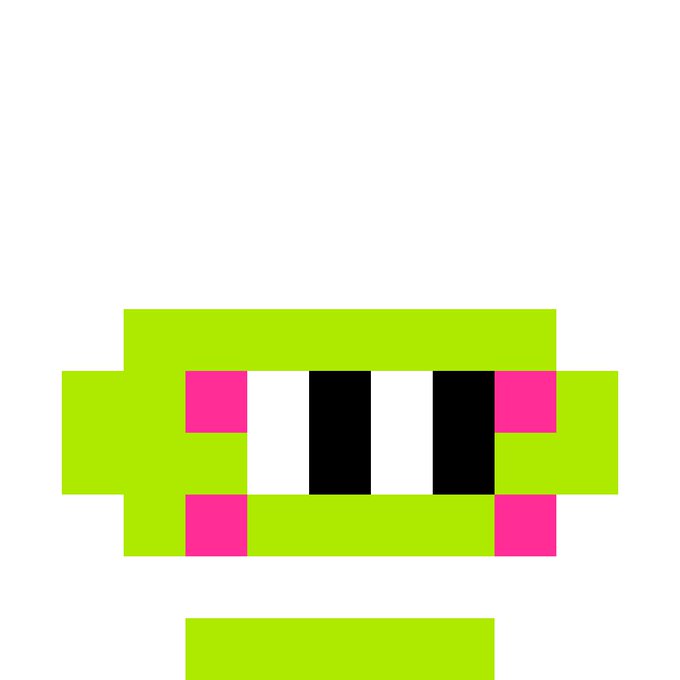 A simple pixel art character in bright green with pink accents, featuring two black rectangular eyes, set against a plain white background.