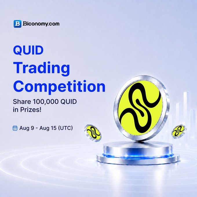 Promotional graphic for Biconomy.com's "QUID Trading Competition," highlighting a 100,000 QUID prize pool running from Aug 9 – Aug 15 (UTC), featuring a stylized yellow and black QUID coin displayed on a futuristic silver pedestal.