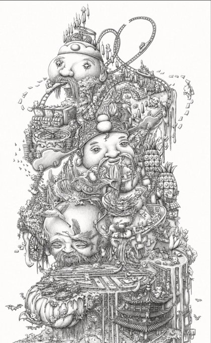 An intricate black and white line art illustration depicting a vertical, surreal collage of Asian-inspired imagery including deities, mythical creatures, architecture, and ornate details.