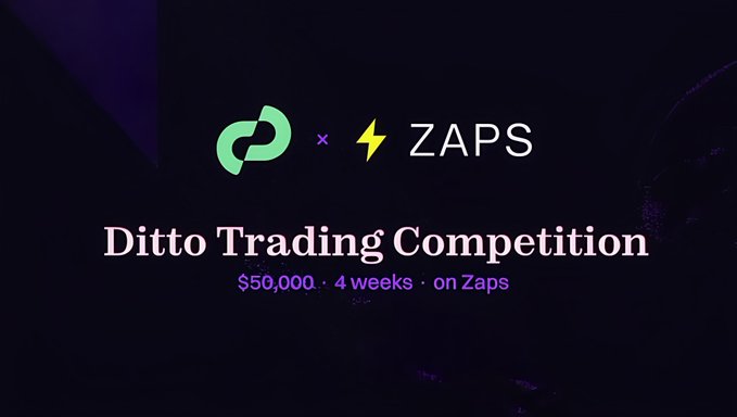 A promotional graphic for a 'Ditto Trading Competition' on Zaps featuring a $50,000 prize over 4 weeks, with logos for both brands.