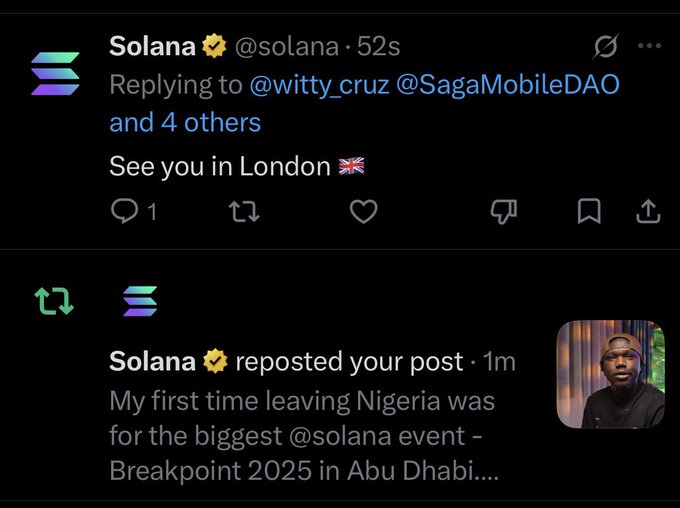 A screenshot of two X (Twitter) posts from Solana (@solana), one replying "See you in London 🇬🇧" and another reposted post stating "My first time leaving Nigeria was for the biggest @solana event - Breakpoint 2025 in Abu Dhabi..."
