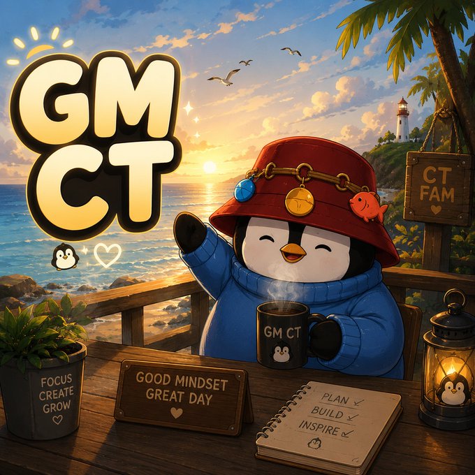 The image features a cartoon penguin sitting at a table with a cup of coffee, surrounded by various objects such as a potted plant, a book, and a lantern. The background shows an ocean view with palm trees and a lighthouse. The text in the image reads "GM CT focus on what is in the image and how it relates to the post".