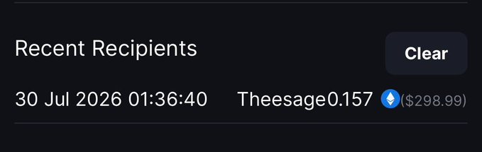 A dark-themed interface displays a "Recent Recipients" section showing a transaction dated 30 Jul 2026 01:36:40 to "Theesage0.157" (likely a misspelling of "Sighonsol") for $298.99 in Ethereum, with a "Clear" button visible. The image supports the post confirming that the user received a $300 payment from MetaWin, with the displayed amount reflecting a small deduction.