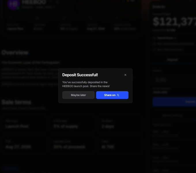 A "Deposit Successful!" confirmation popup appears over the HEEBOO launch pool page on Metaplex, acknowledging the user's deposit of approximately $121K toward an implied ~$2.4M FDV. The dialog includes options to "Maybe later" or "Share on X," with the dimmed background showing sale terms like a 25% Day-1 bonus.