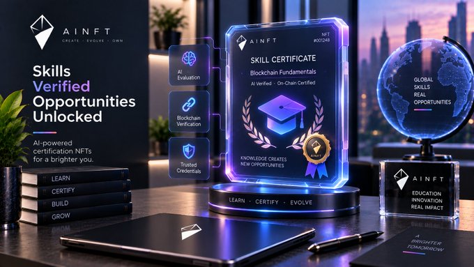 A promotional graphic for 'AINFT' showcasing 'AI-powered certification NFTs for a brighter you' with text 'Skills Verified, Opportunities Unlocked' and a central 'SKILL CERTIFICATE' for 'Blockchain Fundamentals'.