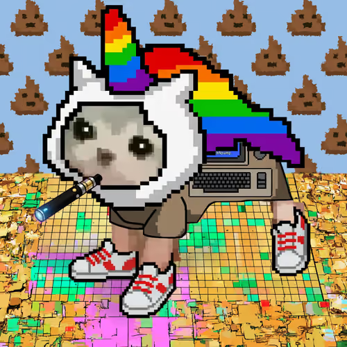 A pixel-art illustration depicts a character with a cat-like head, rainbow cape, and snorkel standing on a colorful tiled floor against a blue background patterned with poop emojis.