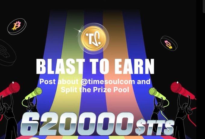 The image shows a poster advertising a contest for an event called "Blast To Earn", which offers a chance for people to win prizes by using their smartphones. The poster features several figures holding microphones, suggesting that there might be some sort of event or competition related to singing or speaking. The main focus is on the "Blast To Earn" hashtag and the @timesoulcom project they are supporting.