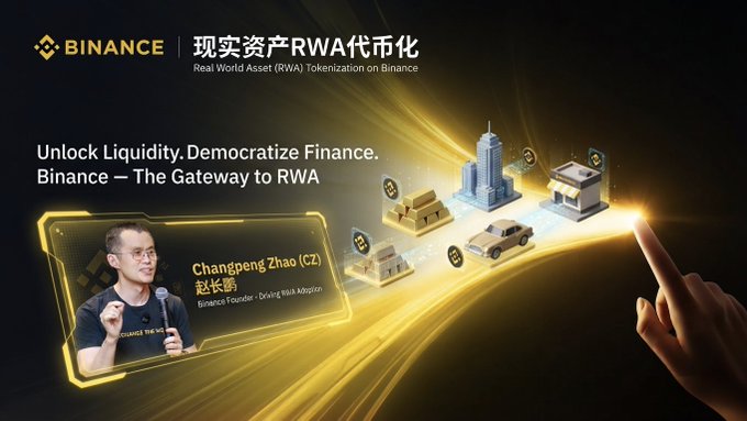 A Binance promotional graphic for Real World Asset (RWA) Tokenization features Changpeng Zhao (CZ) and text reading "Unlock Liquidity. Democratize Finance. Binance — The Gateway to RWA" alongside gold token icons.