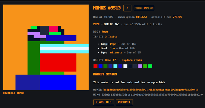 A webpage displays details for 'MONKE #9513', a pixel art NFT showing a body of 'Pepe', head of 'Ion', and 'Alicate' eyes, with a rarity rank of 179.