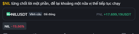 Crypto trading interface showing $NIL token (NIL/USDT) with a price of -19.66% and PNL of +17,699.19 USDT, with Vietnamese text at the top.