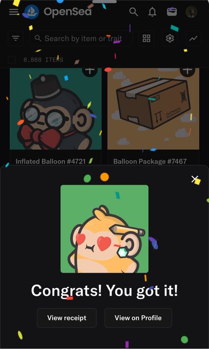 A mobile screenshot from OpenSea shows a "Congrats! You got it!" success modal featuring a monkey emoji with heart eyes, with two item thumbnails visible above labeled "Inflated Balloon #4721" and "Balloon Package #7467" among 8,888 items—suggesting the user has just successfully claimed a Helium (HNT) airdrop or reward on the NFT marketplace.