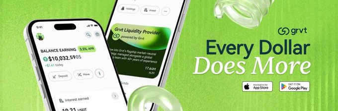 A bright green GRVT promotional banner reads “Every Dollar Does More” beside app store badges, reinforcing the post about putting DeFi capital to work through GRVT’s Earn and liquidity products. A phone screen shows a balance of $10,032.5905 earning 9.5% APY, with “Grvt Liquidity Provider” also visible.