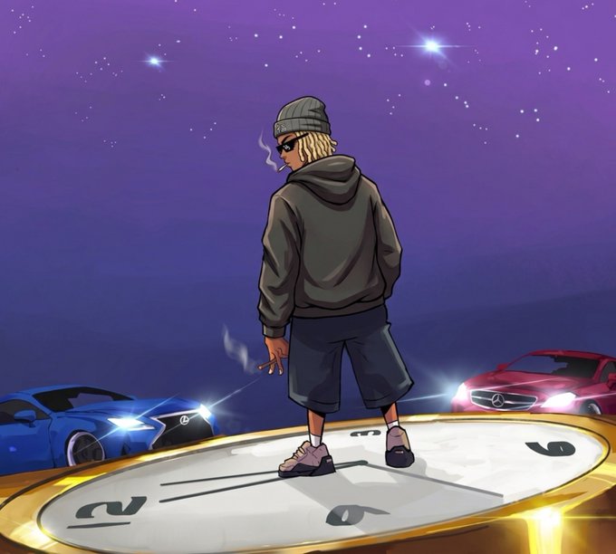 An illustration of a cartoon character wearing a beanie, sunglasses, and a hoodie, smoking a cigarette while standing on a large clock face, flanked by luxury sports cars against a starry night sky.