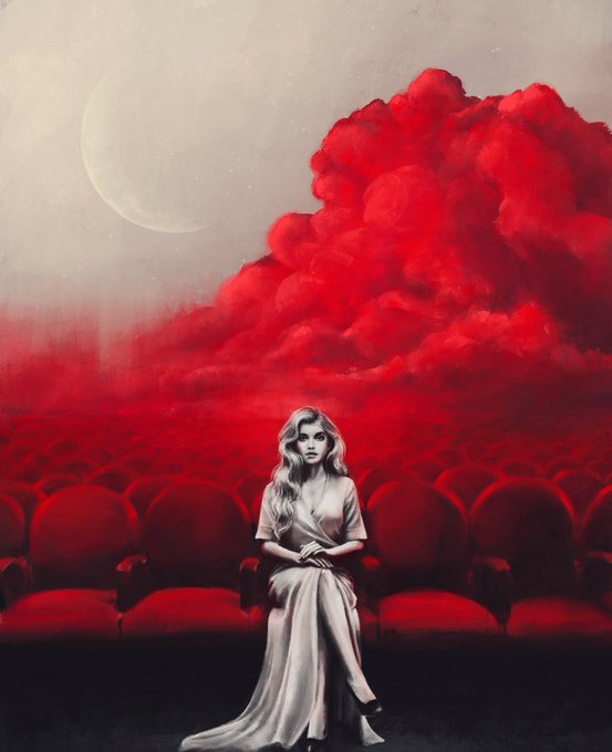 A stylized digital illustration depicts a blonde woman in a white dress sitting alone in an empty theater with rows of red seats, beneath a dramatic red cloud formation and crescent moon.