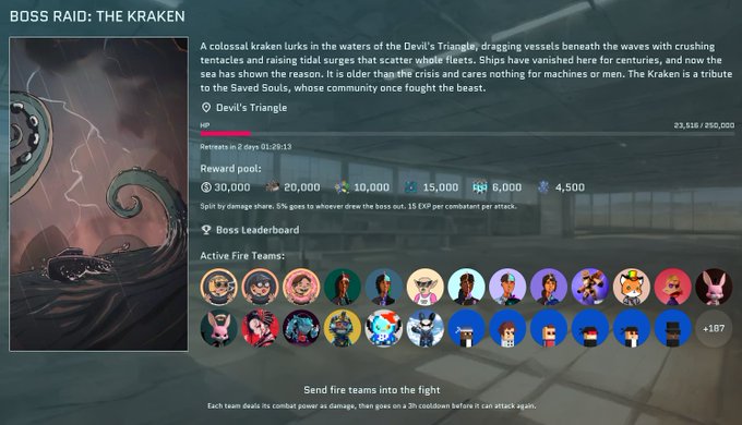 A video game interface for a 'BOSS RAID: THE KRAKEN' event in the Devil's Triangle, showing a HP bar, reward pool including 15,000 credits, and a boss leaderboard with active fire teams.