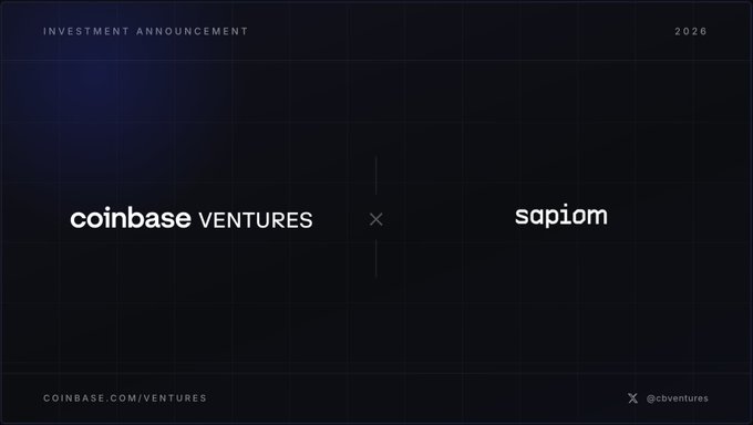 The image is a dark-themed investment announcement graphic featuring the text "INVESTMENT ANNOUNCEMENT" at the top with "2026" in the corner, and the central message displaying "coinbase VENTURES × sapiom" separated by an X. It also includes the URL "COINBASE.COM/VENTURES" and the handle "@cbventures" at the bottom. The graphic promotes Coinbase Ventures' backing of Sapiom's Series A, supporting their launch of Router, Agent Studio, and Runti tools aimed at helping developers run AI agents in production reliably and economically.