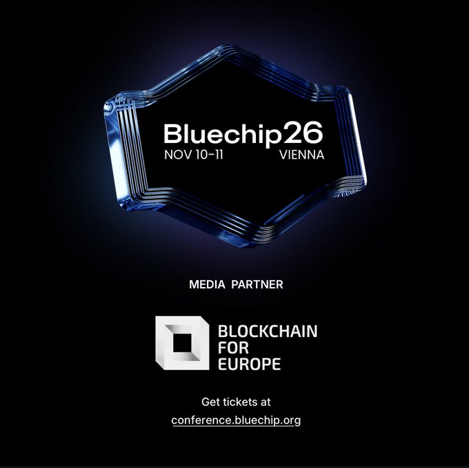 An event poster for 'Bluechip26' taking place November 10-11 in Vienna, listing 'Blockchain for Europe' as a media partner.
