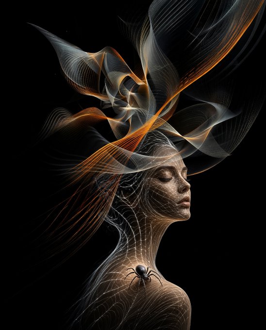 A stylized digital artwork featuring a woman's profile with closed eyes, flowing abstract hair in orange and white, and a small black spider resting on her shoulder against a black background.