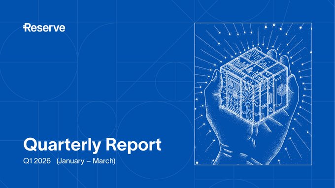 A blue cover page for a Reserve 'Quarterly Report' for Q1 2026 (January – March), featuring a white line-drawing illustration of hands holding a glowing safe.
