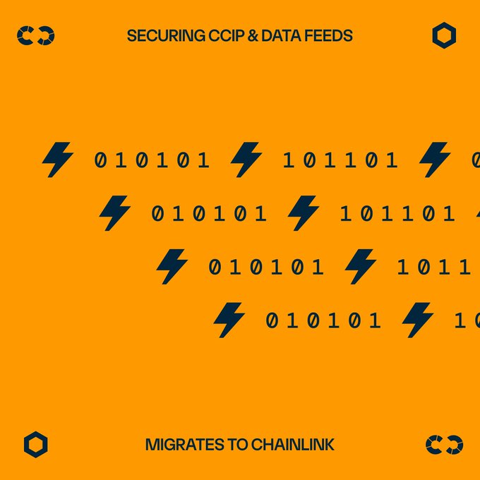An orange graphic titled "SECURING CCIP & DATA FEEDS" at the top and "MIGRATES TO CHAINLINK" at the bottom, displaying rows of binary code (010101, 101101) separated by lightning bolt symbols.