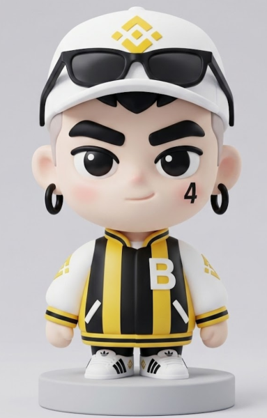 The image features a small figurine of a boy wearing sunglasses, a white baseball cap with a yellow diamond design, and a black and white striped jacket. The figurine appears to be posed for a photo or displayed on a surface like a pedestal. The caption provided in the image reads "Getting ready to change to this avatar Very nice @binancezh #币安盲盒". This suggests that someone has created a digital representation of the boy, possibly as part of an online gaming community or social media post, and they are now preparing for a new character or avatar.