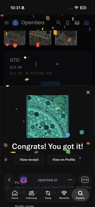 The image shows an OpenSea mobile app screen with a celebratory "Congrats! You got it!" message and a confetti animation after purchasing a GTD NFT priced at $13.03, with options to view receipt or profile. It corresponds to the post about successfully minting the NFT.